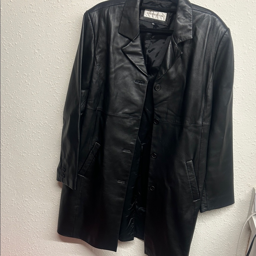 Jones New York Black Leather Button-Front Coat